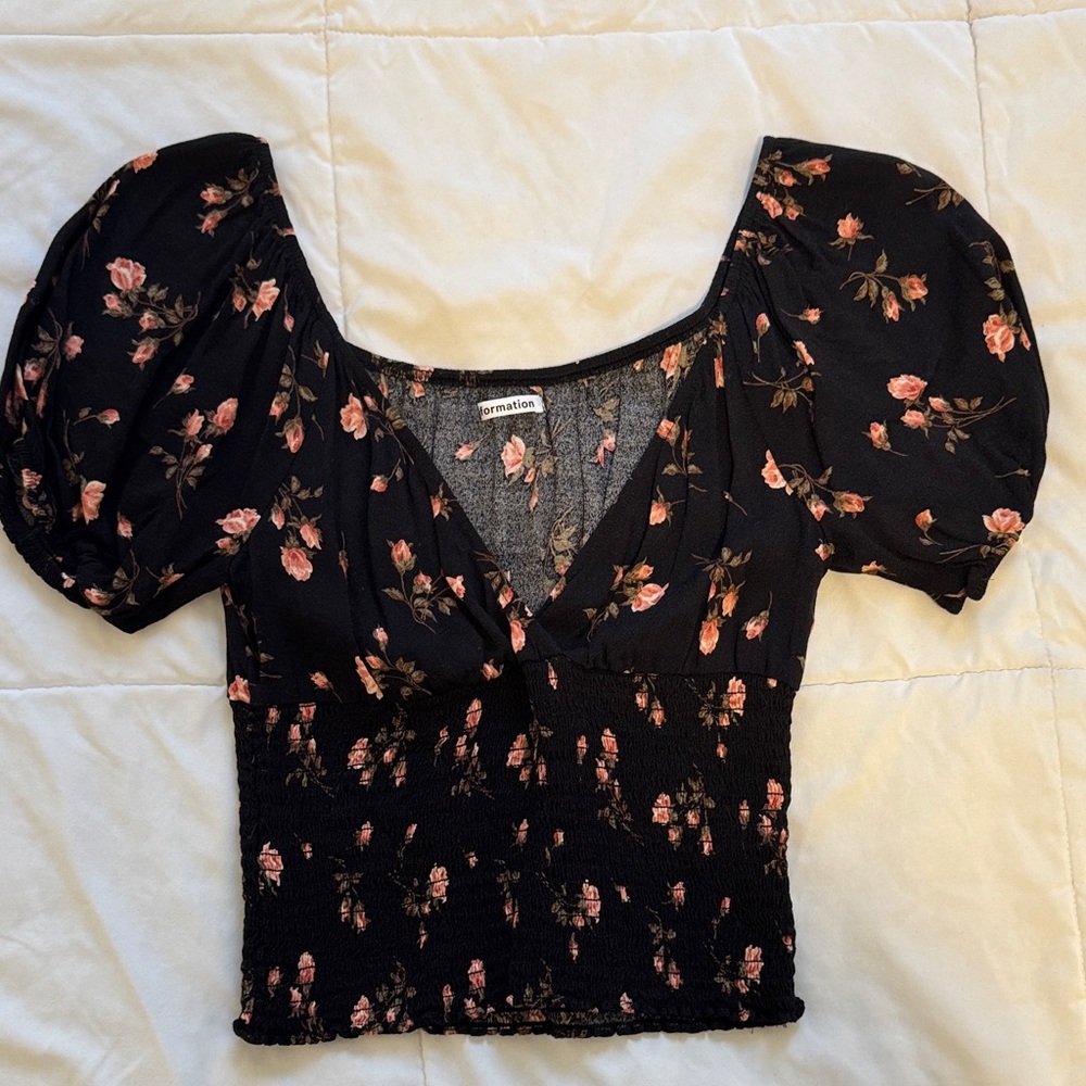 Reformation Black Floral Puff Sleeve Blouse